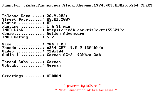 NFO for the release Kung.Fu.-.Zehn.Finger.aus.Stahl.German.1974.AC3.BDRip.x264-SPiCY by SPiCY