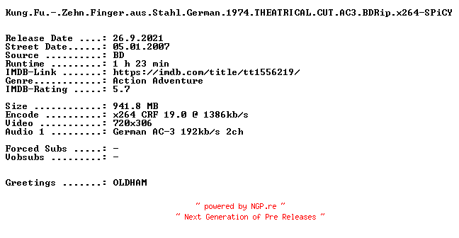 NFO for the release Kung.Fu.-.Zehn.Finger.aus.Stahl.German.1974.THEATRICAL.CUT.AC3.BDRip.x264-SPiCY by SPiCY