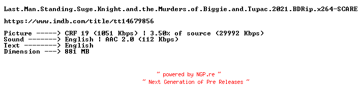 NFO for the release Last.Man.Standing.Suge.Knight.and.the.Murders.of.Biggie.and.Tupac.2021.BDRip.x264-SCARE by SCARE