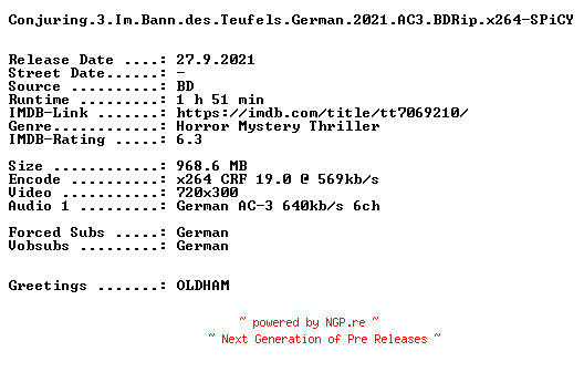 NFO for the release Conjuring.3.Im.Bann.des.Teufels.German.2021.AC3.BDRip.x264-SPiCY by SPiCY