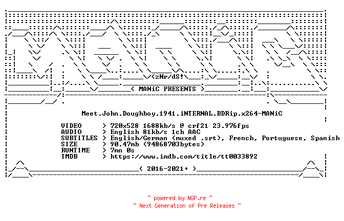 NFO for the release Meet.John.Doughboy.1941.iNTERNAL.BDRip.x264-MANiC by MANiC