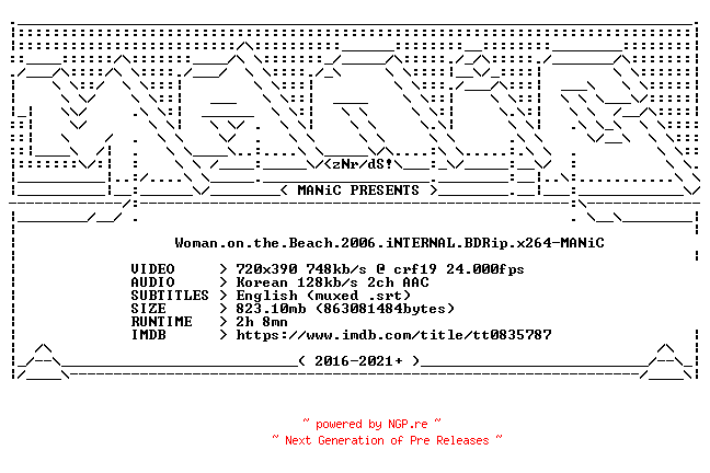 NFO for the release Woman.on.the.Beach.2006.iNTERNAL.BDRip.x264-MANiC by MANiC