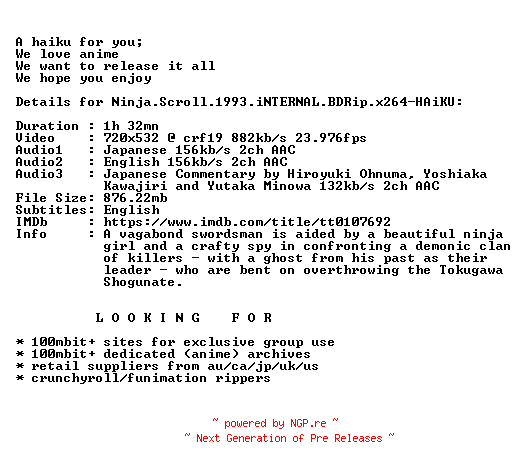 NFO for the release Ninja.Scroll.1993.iNTERNAL.BDRip.x264-HAiKU by HAiKU