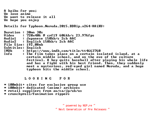 NFO for the release Typhoon.Noruda.2015.BDRip.x264-HAiKU by HAiKU