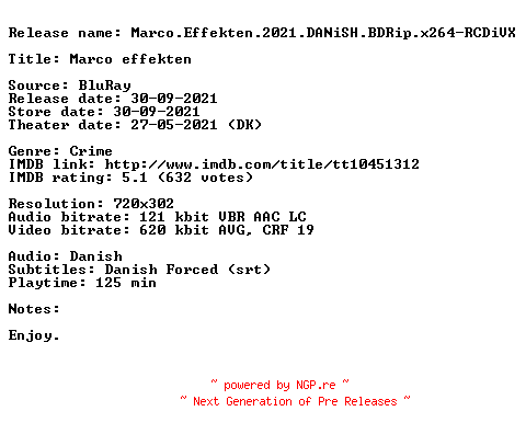 NFO for the release Marco.Effekten.2021.DANiSH.BDRip.x264-RCDiVX by RCDiVX