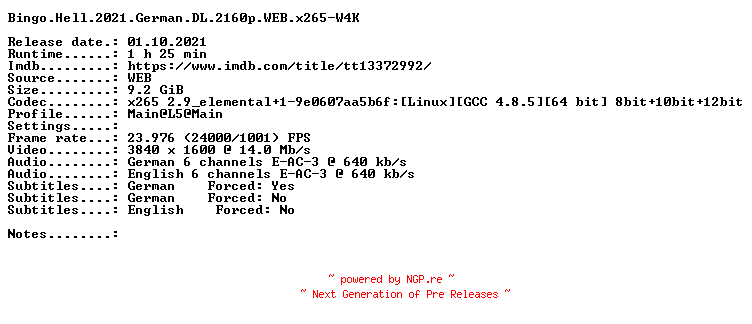 NFO for the release Bingo.Hell.2021.German.DL.2160p.WEB.x265-W4K by W4K