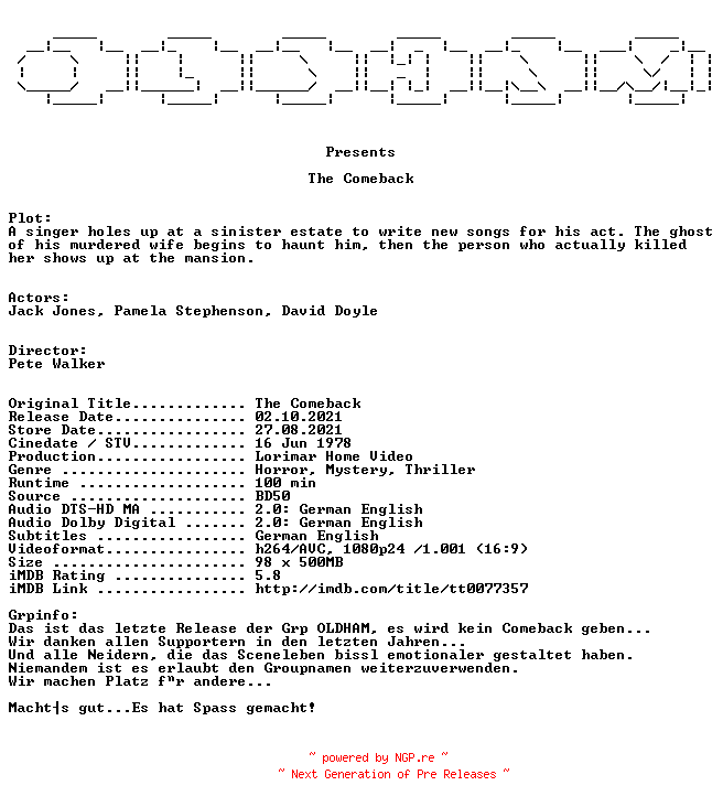 NFO for the release The.Comeback.1978.MULTi.COMPLETE.BLURAY.READNFO-OLDHAM by OLDHAM