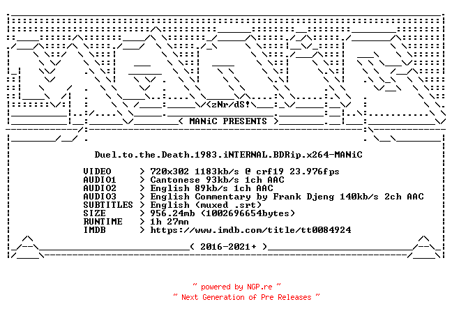 NFO for the release Duel.to.the.Death.1983.iNTERNAL.BDRip.x264-MANiC by MANiC