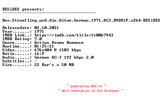 NFO for the release Der.Straefling.und.die.Witwe.German.1971.AC3.DVDRiP.x264-BESiDES by BESiDES