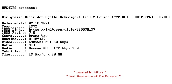 NFO for the release Die.grosse.Reise.der.Agathe.Schweigert.Teil.2.German.1972.AC3.DVDRiP.x264-BESiDES by BESiDES