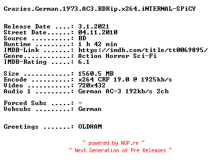 NFO for the release Crazies.German.1973.AC3.BDRip.x264.iNTERNAL-SPiCY by SPiCY