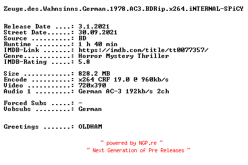 NFO for the release Zeuge.des.Wahnsinns.German.1978.AC3.BDRip.x264.iNTERNAL-SPiCY by SPiCY
