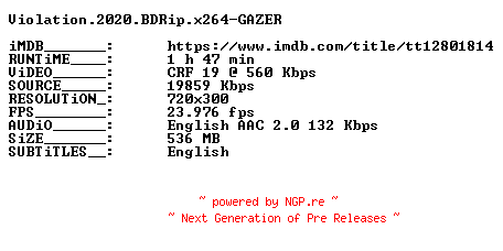 NFO for the release Violation.2020.BDRip.x264-GAZER by GAZER