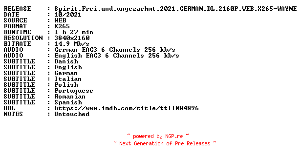 NFO for the release Spirit.Frei.und.ungezaehmt.2021.GERMAN.DL.2160P.WEB.X265-WAYNE by WAYNE