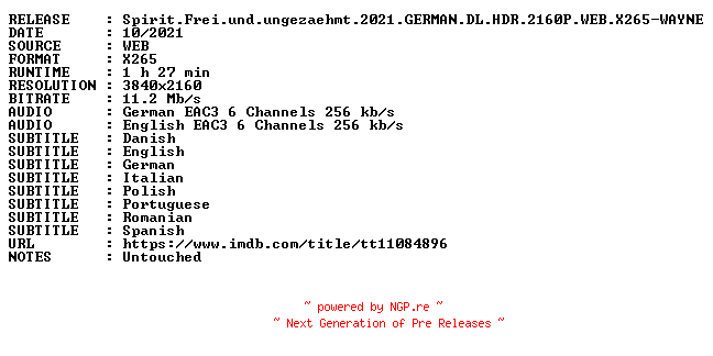 NFO for the release Spirit.Frei.und.ungezaehmt.2021.GERMAN.DL.HDR.2160P.WEB.X265-WAYNE by WAYNE