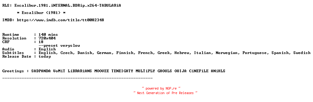 NFO for the release Excalibur.1981.iNTERNAL.BDRip.x264-TABULARiA by TABULARiA