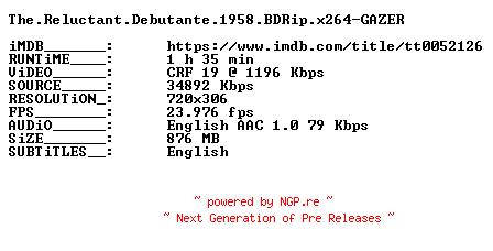NFO for the release The.Reluctant.Debutante.1958.BDRip.x264-GAZER by GAZER