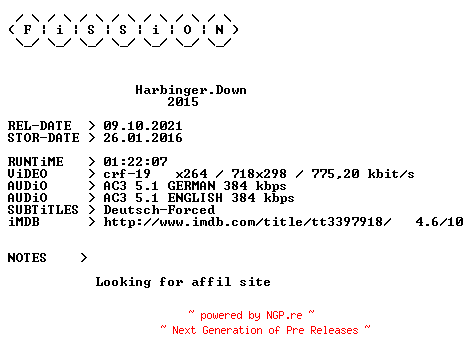 NFO for the release Harbinger.Down.German.2015.DL.BDRiP.x264.iNTERNAL-FiSSiON by FiSSiON
