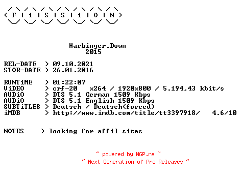 NFO for the release Harbinger.Down.2015.German.DL.1080p.BluRay.x264.iNTERNAL-FiSSiON by FiSSiON