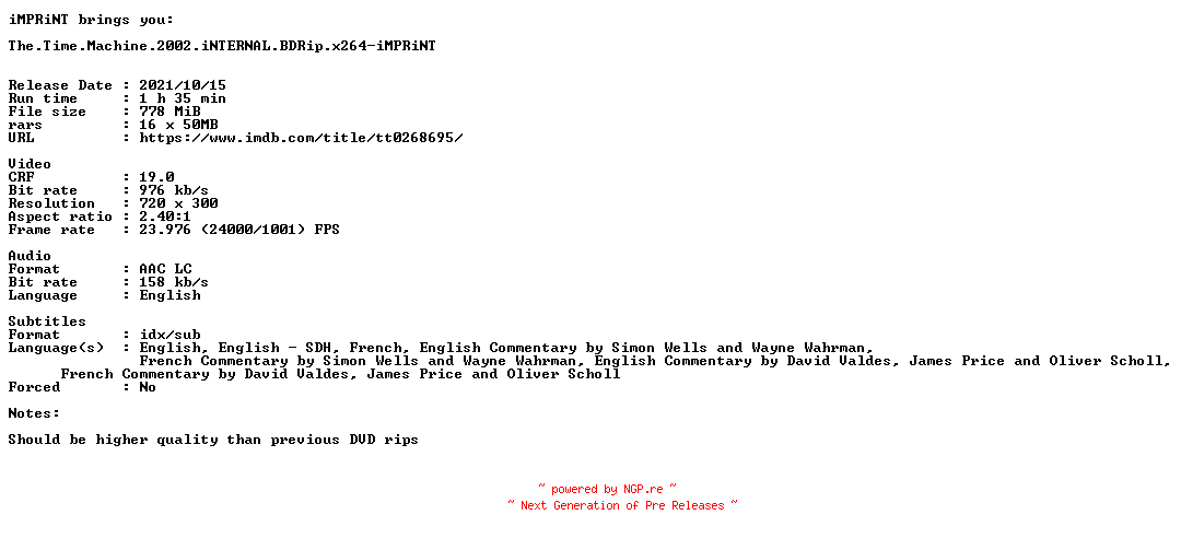 NFO for the release The.Time.Machine.2002.iNTERNAL.BDRip.x264-iMPRiNT by iMPRiNT