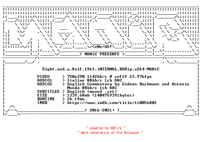 NFO for the release Eight.and.a.Half.1963.iNTERNAL.BDRip.x264-MANiC by MANiC