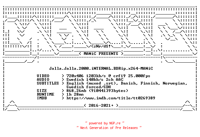 NFO for the release Jalla.Jalla.2000.iNTERNAL.BDRip.x264-MANiC by MANiC