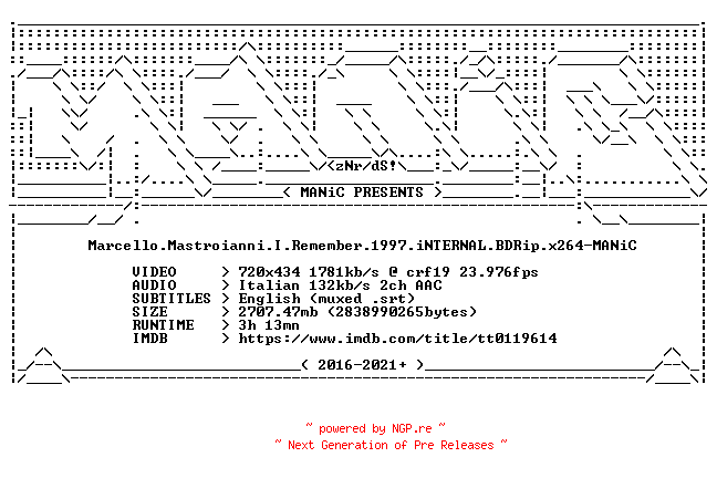 NFO for the release Marcello.Mastroianni.I.Remember.1997.iNTERNAL.BDRip.x264-MANiC by MANiC