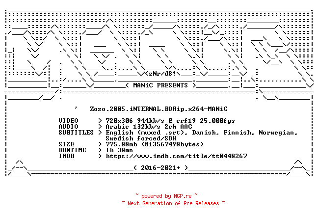 NFO for the release Zozo.2005.iNTERNAL.BDRip.x264-MANiC by MANiC