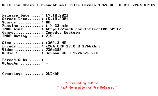 NFO for the release Auch.ein.Sheriff.braucht.mal.Hilfe.German.1969.AC3.BDRiP.x264.iNTERNAL-SPiCY by SPiCY