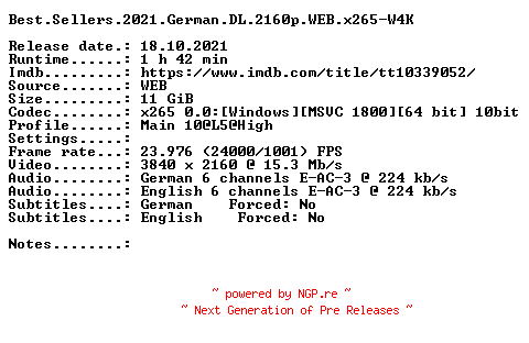 NFO for the release Best.Sellers.2021.German.DL.2160p.WEB.x265-W4K by W4K