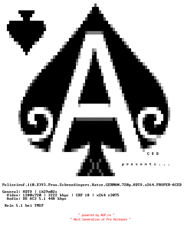 NFO for the release Polizeiruf.110.E393.Frau.Schroedingers.Katze.GERMAN.720p.HDTV.x264.PROPER-ACED by ACED