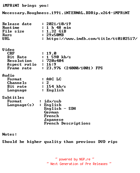 NFO for the release Necessary.Roughness.1991.iNTERNAL.BDRip.x264-iMPRiNT by iMPRiNT