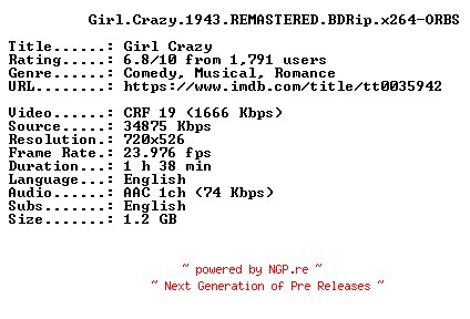 NFO for the release Girl.Crazy.1943.REMASTERED.BDRip.x264-ORBS by ORBS