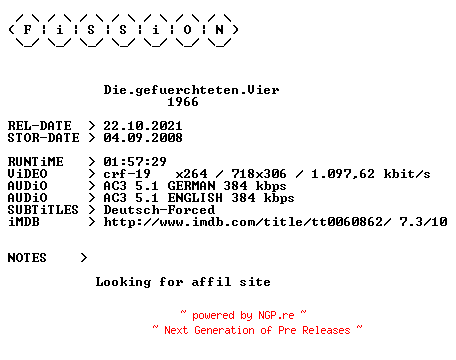 NFO for the release Die.gefuerchteten.Vier.German.1966.DL.BDRiP.x264.iNTERNAL-FiSSiON by FiSSiON