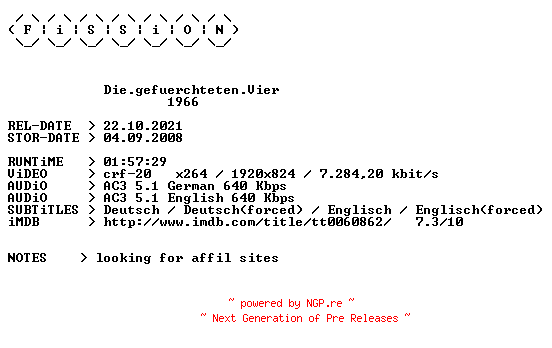 NFO for the release Die.gefuerchteten.Vier.1966.German.DL.1080p.BluRay.x264.iNTERNAL-FiSSiON by FiSSiON