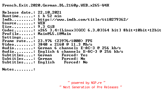 NFO for the release French.Exit.2020.German.DL.2160p.WEB.x265-W4K by W4K