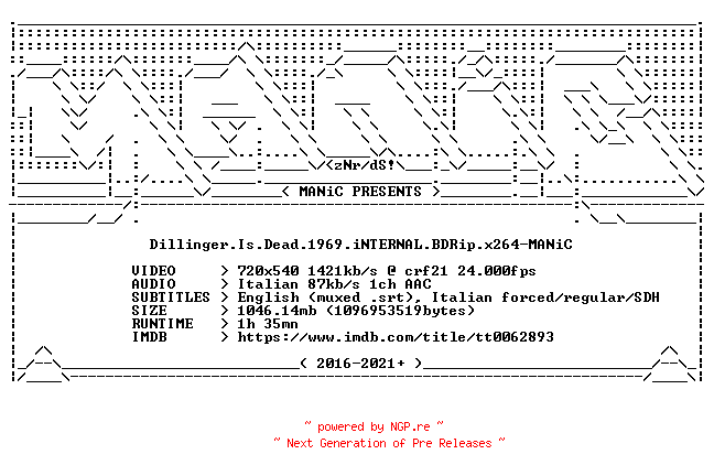 NFO for the release Dillinger.Is.Dead.1969.iNTERNAL.BDRip.x264-MANiC by MANiC