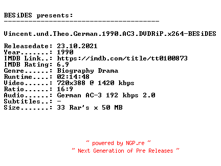 NFO for the release Vincent.und.Theo.German.1990.AC3.DVDRiP.x264-BESiDES by BESiDES