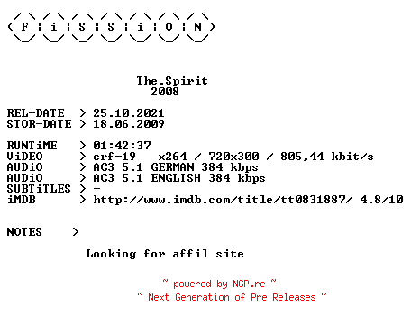 NFO for the release The.Spirit.German.2008.DL.BDRiP.x264.iNTERNAL-FiSSiON by FiSSiON