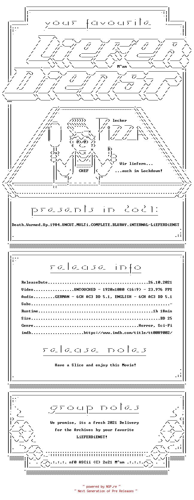 NFO for the release Death.Warmed.Up.1984.UNCUT.MULTi.COMPLETE.BLURAY.iNTERNAL-LiEFERDiENST by LiEFERDiENST
