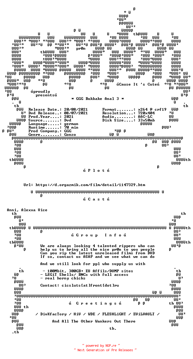 NFO for the release GGG.Bukkake.Anal.3.German.XXX.DVDRip.x264-CiCXXX by CiCXXX