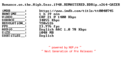 NFO for the release Romance.on.the.High.Seas.1948.REMASTERED.BDRip.x264-GAZER by GAZER