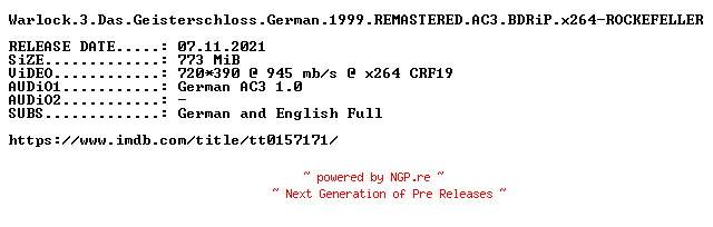 NFO for the release Warlock.3.Das.Geisterschloss.German.1999.REMASTERED.AC3.BDRiP.x264-ROCKEFELLER by ROCKEFELLER