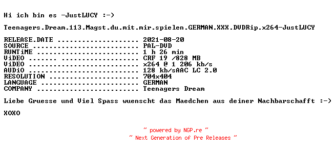 NFO for the release Teenagers.Dream.113.Magst.du.mit.mir.spielen.GERMAN.XXX.DVDRip.x264-JustLUCY by JustLUCY