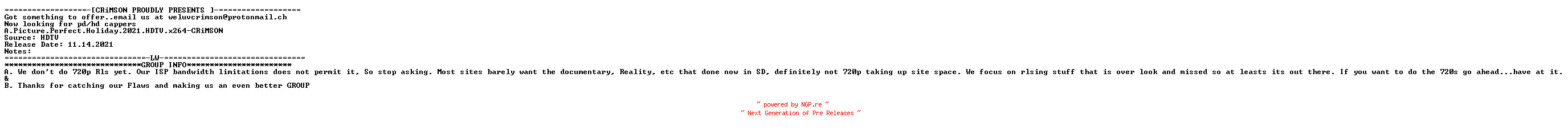 NFO for the release A.Picture.Perfect.Holiday.2021.HDTV.x264-CRiMSON by CRiMSON