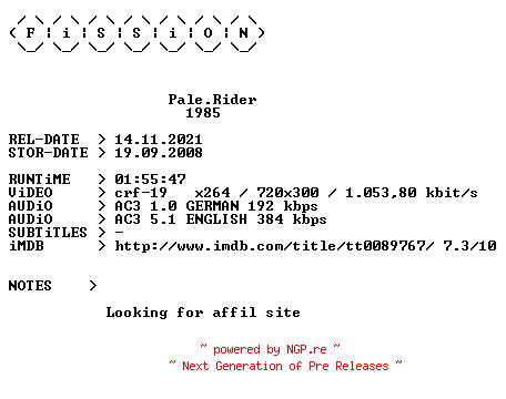 NFO for the release Pale.Rider.German.1985.DL.BDRiP.x264.iNTERNAL-FiSSiON by FiSSiON