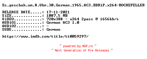 NFO for the release Es.geschah.um.8.Uhr.30.German.1965.AC3.BDRiP.x264-ROCKEFELLER by ROCKEFELLER