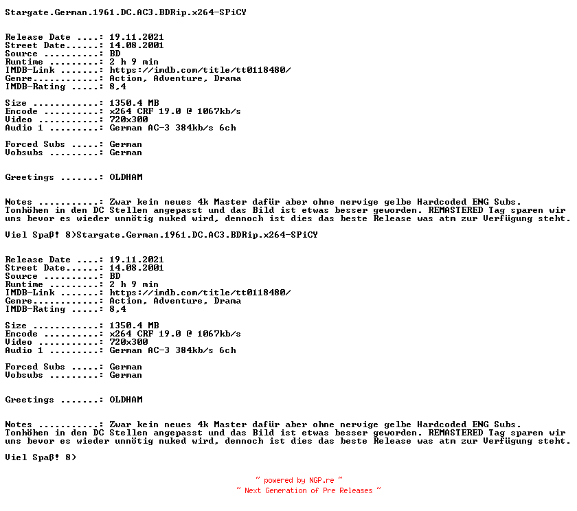 NFO for the release Stargate.German.1961.DC.AC3.BDRip.x264.iNTERNAL-SPiCY by SPiCY