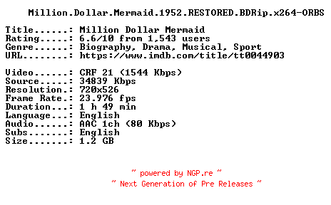 NFO for the release Million.Dollar.Mermaid.1952.RESTORED.BDRip.x264-ORBS by ORBS