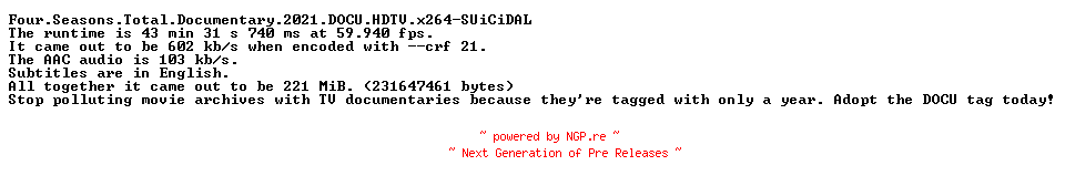NFO for the release Four.Seasons.Total.Documentary.2021.DOCU.HDTV.x264-SUiCiDAL by SUiCiDAL